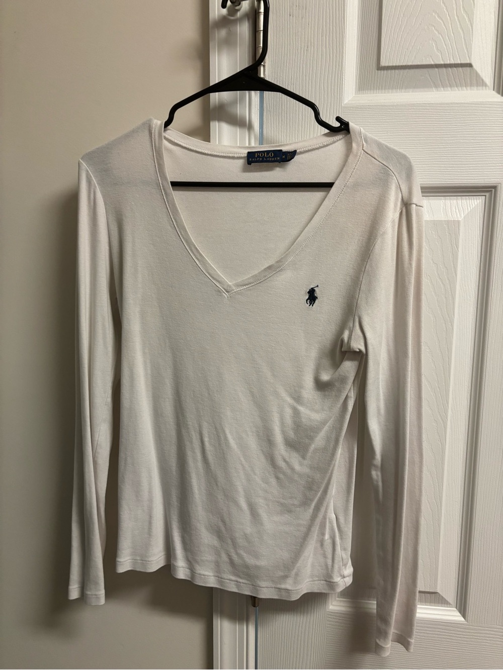 Polo by Ralph Lauren White Long Sleeve V-Neck Top with Navy Pony